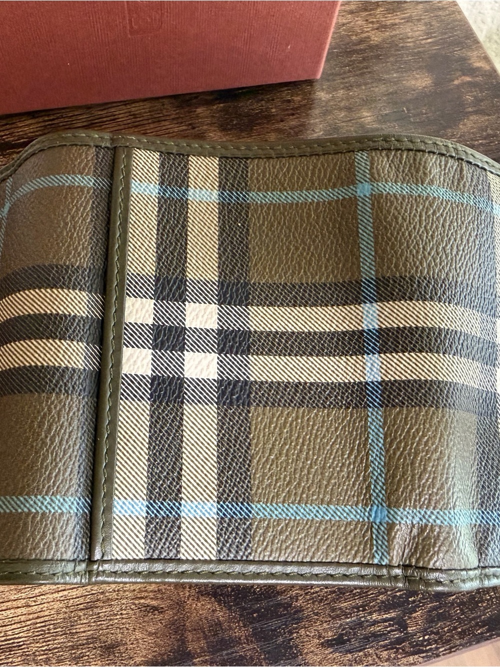 Burberry Olive Plaid Trifold Wallet with Light Blue Accents - Picture 7 of 8